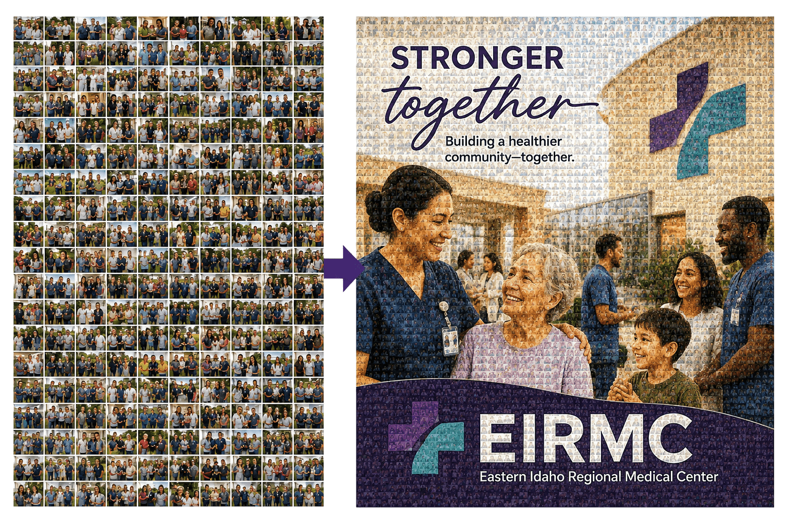 Before and after concept showing individual participant photos building into a completed Community Mosaic Experience
