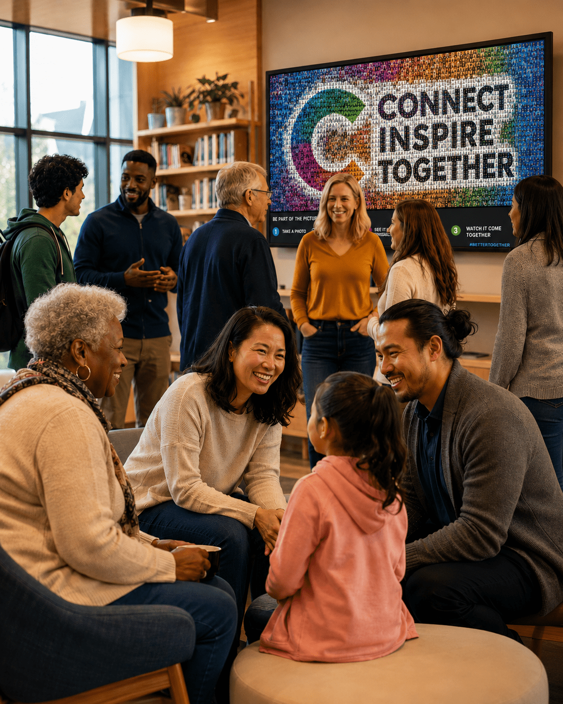 Adults and children connecting together near a live digital Community Mosaic Experience