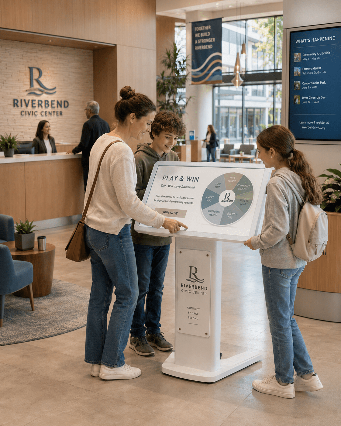 Play and Win interactive kiosk for corporate and community spaces