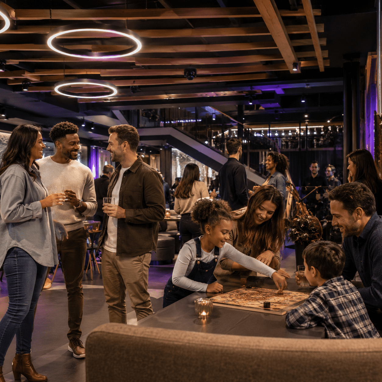 Families and guests enjoying time together inside a modern entertainment destination
