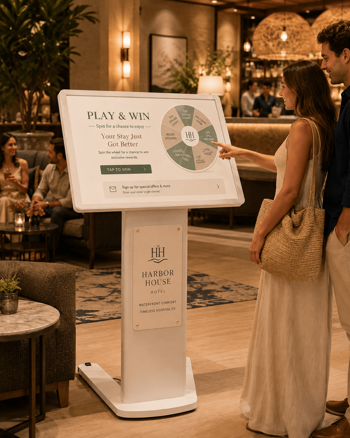Play and Win interactive rewards kiosk for hotels resorts restaurants and hospitality venues