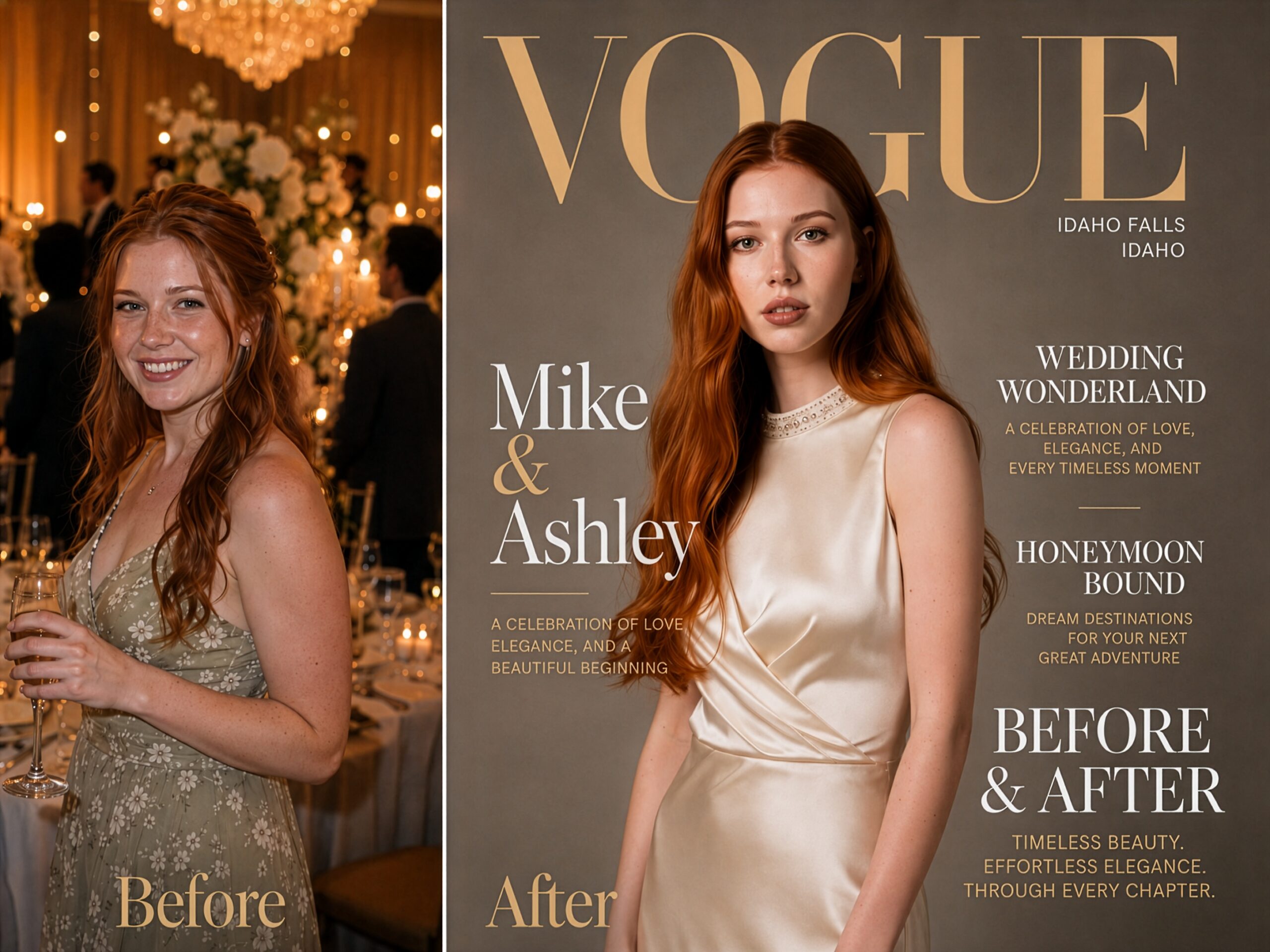 Before and after AI photo transformation for an Idaho Falls wedding