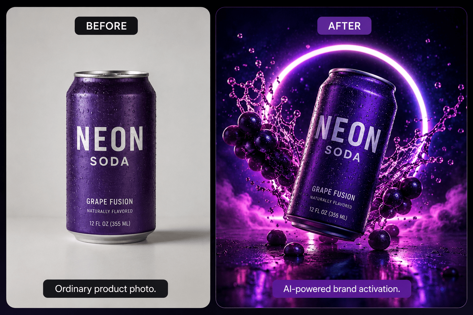 Before and after AI product transformation for a Persona AI Studio brand activation