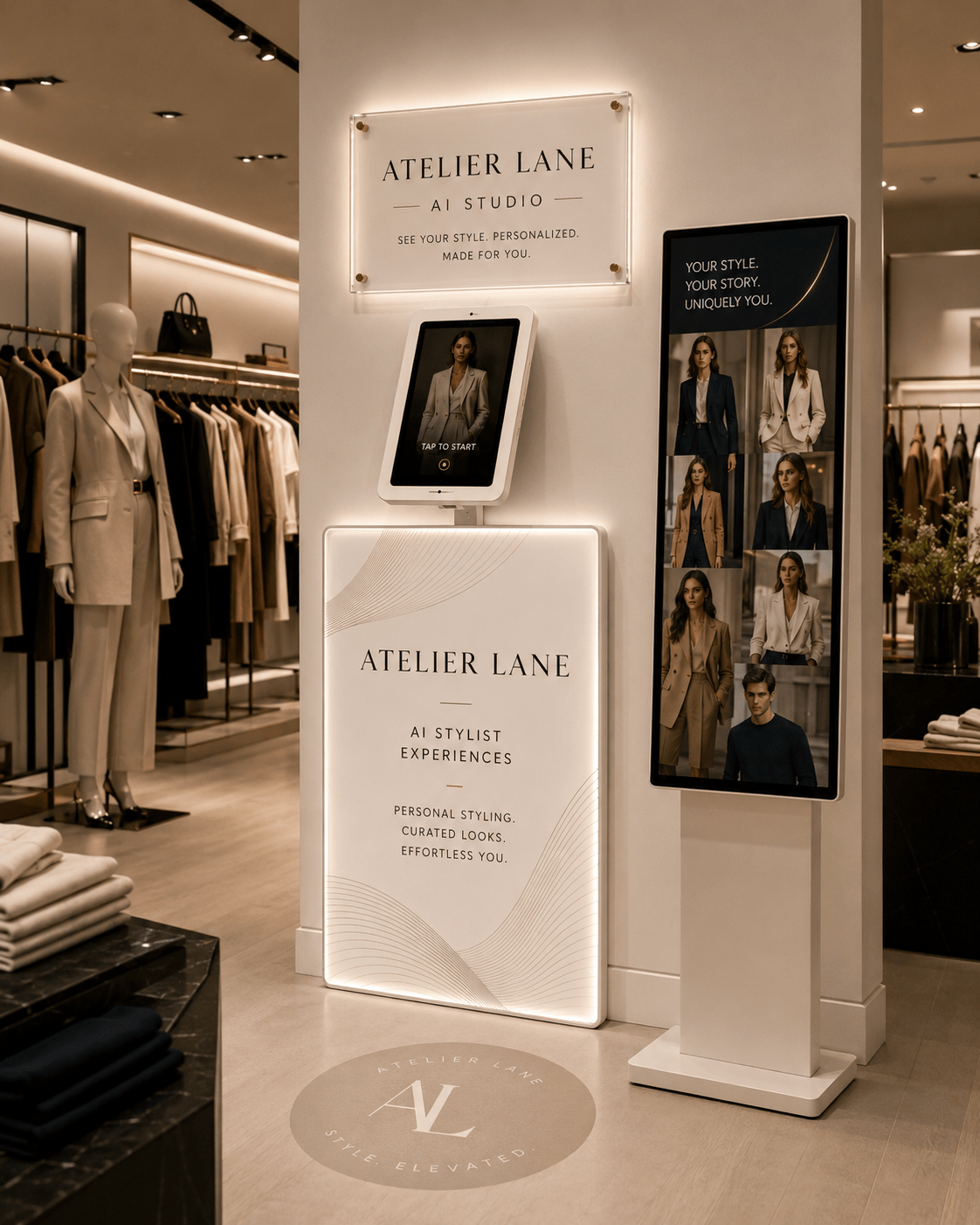 Persona AI Studio interactive installation concept for a modern retail clothing store
