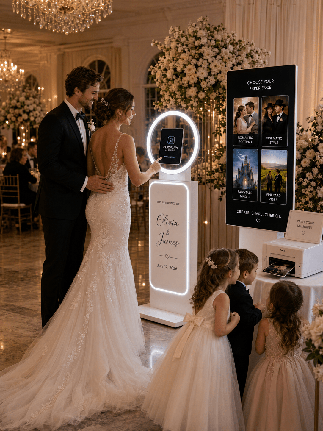 Bride, groom, children and wedding guests enjoying Persona AI Studio and printed photo booth pictures at an Idaho Falls wedding reception